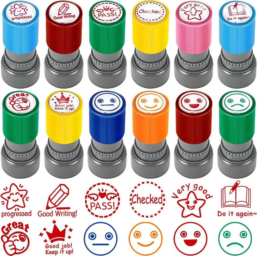12個 教員奨励レビュースタンプ5/6/8/12パック セルフインク式 教師用スタンプセット 絵切手 モチベーション/教師用スタンプ カラフルサプライスタンプ 宿題用 オフィス文具の気持ち表現用印鑑 絵切手 モチベーション