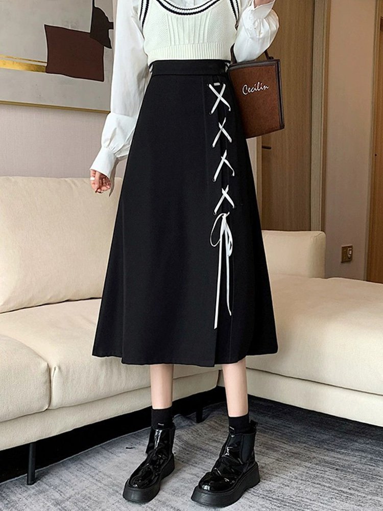 ガーリー 無地 春 夏 デート お出かけ 休日 ショッピング モノトーン 韓国 体型カバー 脚長 着回し(4)