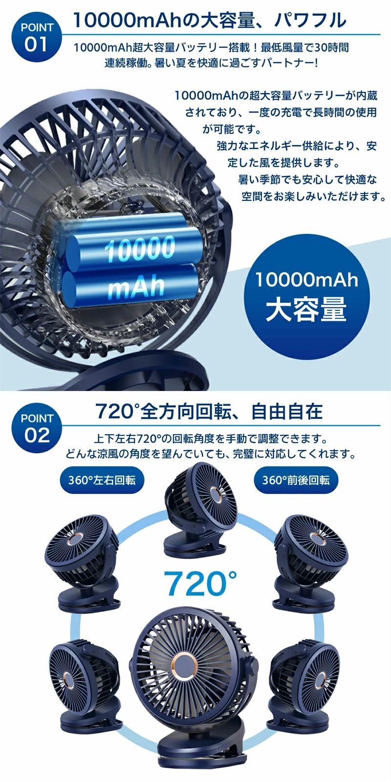 5000~10000mAh大容量バッテリー内蔵 20db静音】360度角度調整 扇風機【2024年最新型 小型 クリップ