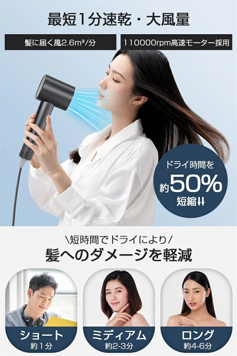 8通りの風をカスタマイズ可 ヘアケア 美髪 温冷風自動切替 ブラシレスDCモーター ヘアドライヤー 速乾 超大風量