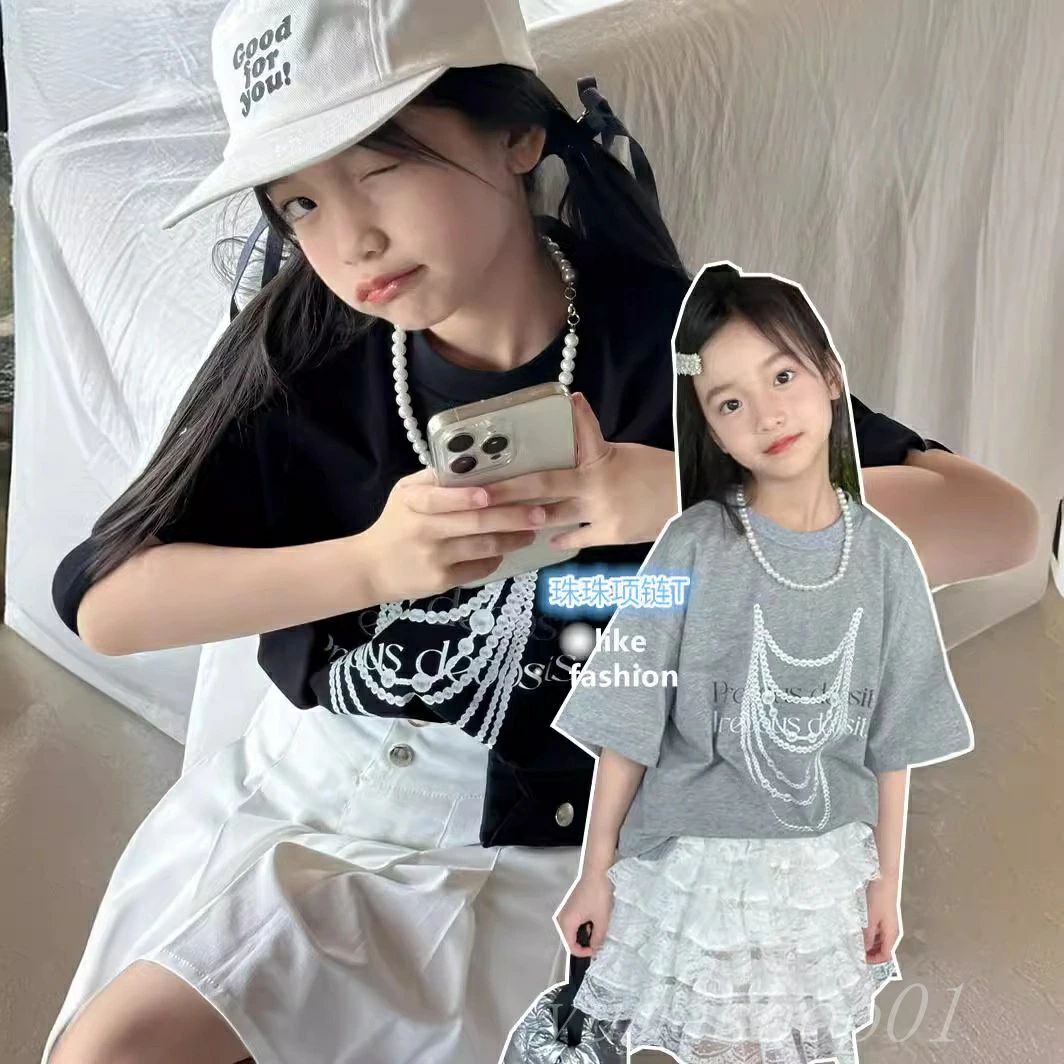 【送料無料】夏の新型の女の子のアイロンの絵のネックレスのtシャツのゆったりしている大きい版の中で..