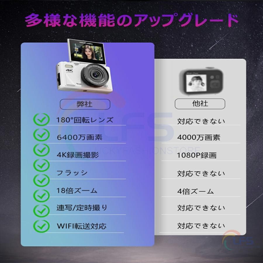 携帯便利 オートフォーカス 動画撮影 180°回転 大画面 3.0インチ 18倍ズーム 小型 6400万画素 wifi対応 4K