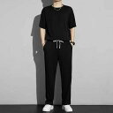 カジュアル ロング上下セット ルームウェア アイスシルク 涼しい メンズ Tシャツ ロングパンツ