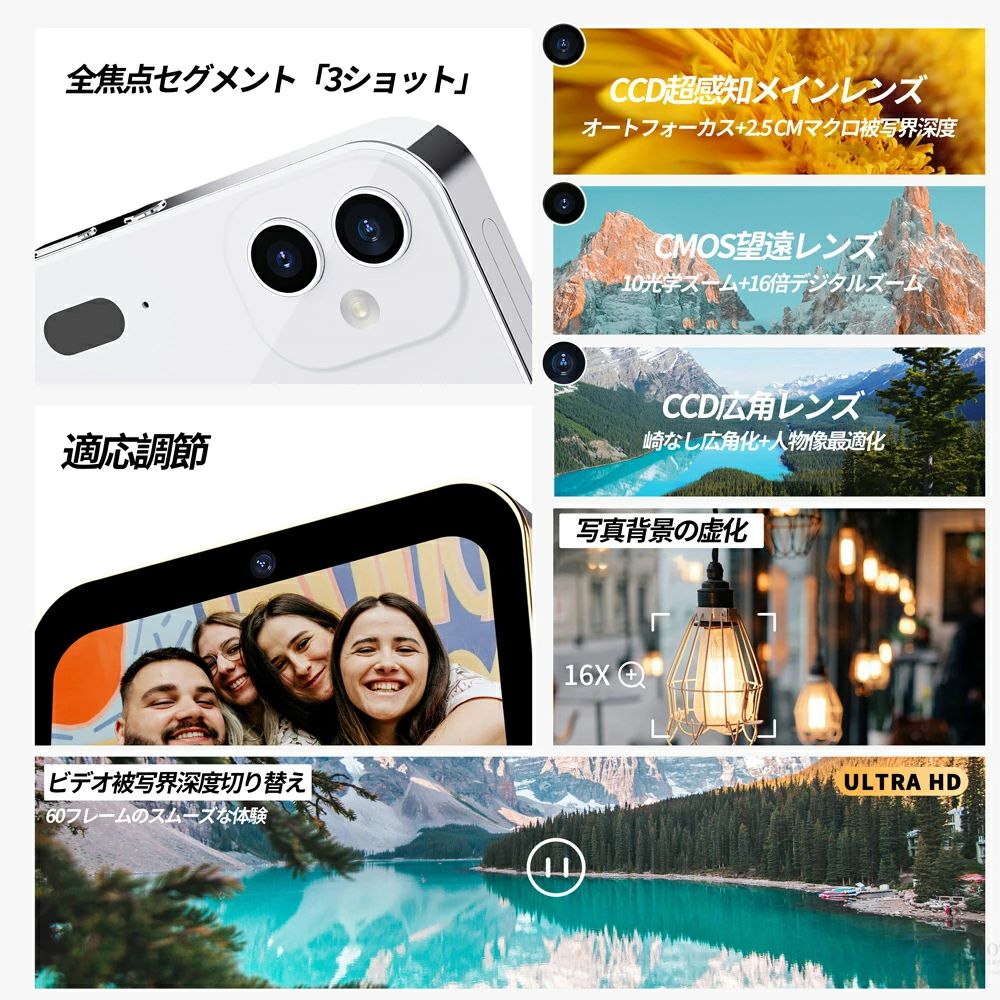 広角レンズ 望遠レンズ スリーショット 16倍ズーム 6400万画素 4K 軽量 小型 ビデ...
