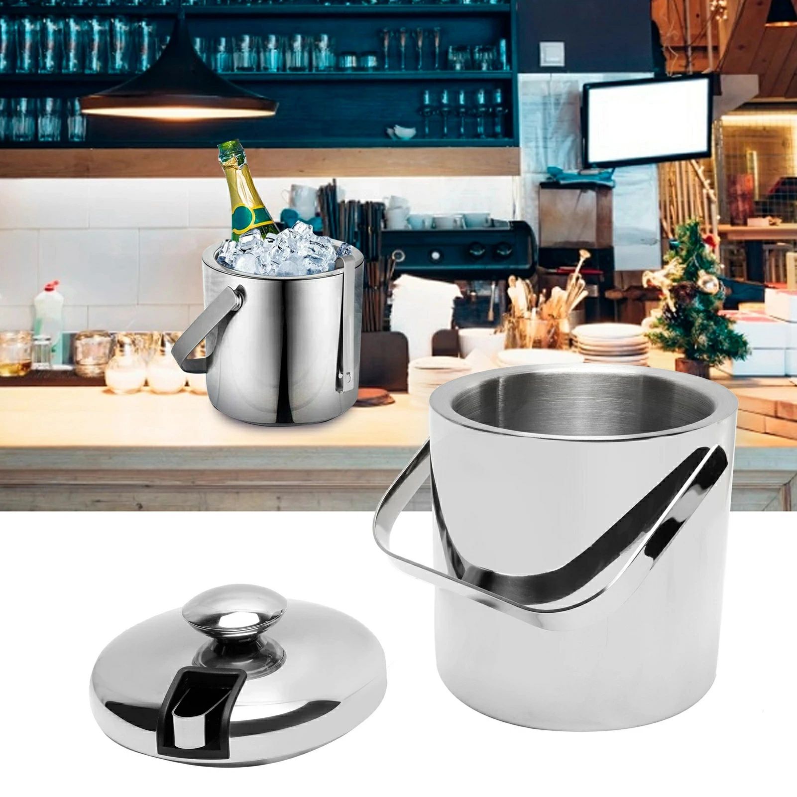 断熱バケツ 1300ML 小氷桶バービールバレル 円形 手持ち アイストング付き 蓋 アイスバケット ステンレ..