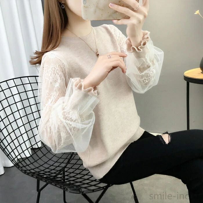 レース 切り替え ニット セーター カットソー レディース きれいめ カジュアル 長袖 大人 可愛い
