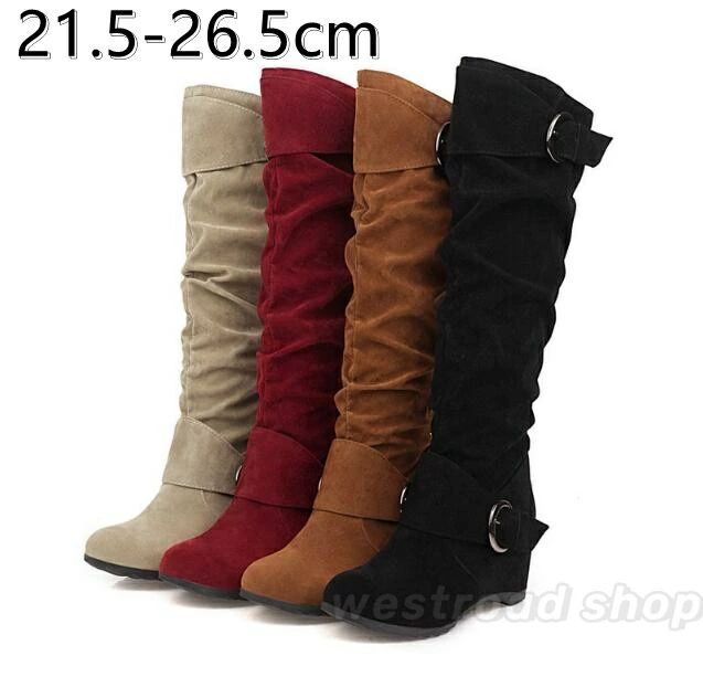 ルーズ ストレッチブーツ 靴 ラウンドトゥ ぺたんこ 7.5cm ローヒール インヒール ブーツ スエード レ..