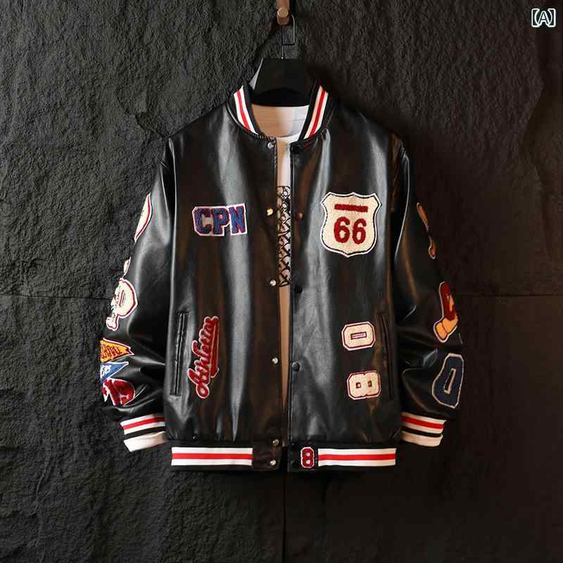 黒 ブルゾン 春秋 レザー ショート ジャケット カジュアル 刺繍 メンズ 白 赤