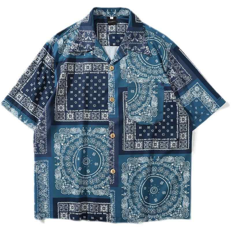 茶 プリント レディース バンダナ柄 ブルー メンズ ブラック カップル カシューナッツ レトロ 半袖