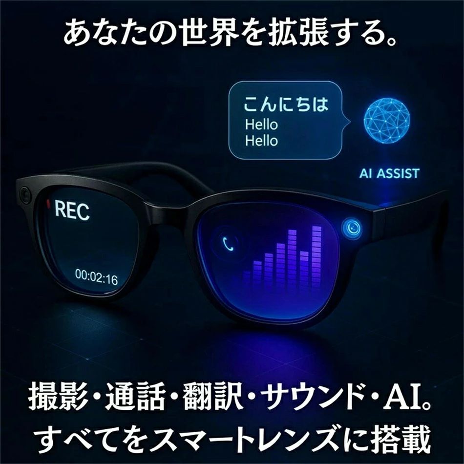 【商品説明】 すべてがひとつに。次世代スマートグラス 「New AIスマートレンズ」は、テクノロジーとデザインが融合した次世代のスマートグラスです。視覚体験を新しい次元へと導き、あなたの世界を拡張します。日常のあらゆるシーンで、スマートメガネとしてだけでなく、サングラス型イヤホンやオーディオグラスとしても機能。まるで未来を見据えるようなデザインで、ARグラスとしての可能性も広がります。 そのまま、リアルに。進化した視覚体験 8メガピクセルで「見ている瞬間」をリアルに記録。EIS防振アルゴリズムにより、動きの中でも映像がぶれることなく滑らかです。補正で目に優しく、長時間使用でも疲れにくい視界を実現。スマートグラスでありながら、高精細レンズ（MTF > 0.88）で微細な陰影まで再現。SNS投稿やライブ配信もスムーズに行えます。 音とことばの壁を越える。スマートな日常へ。 Bluetooth メガネとして、高音質なサウンドを耳元に届けます。ノイズリダクション機能により、クリアな通話が可能。さらに、リアルタイム翻訳機能を搭載し、声を自動で翻訳して目元に表示。旅もビジネスもシームレスに。メガネ型イヤホンとして音楽や通話を楽しみながら、スマートグラス iPhone対応でどこでも接続が途切れません。 装着感とデザインバリエーション わずか38gの軽量設計で、長時間の装着も快適です。MサイズとLサイズの2種類を展開し、男女問わずフィット。クリアレンズは調光機能付きで、紫外線量に応じて濃度が変化。また、サングラス イヤホンとしても使える高透過率レンズモデルも選択可能。オーディオサングラスとして、日常からアウトドアまで幅広く活用できます。 AI連携とバッテリー性能 内蔵AIが音声で全てをコントロール。質問に答えたり、天気を教えたり、あなたのパーソナルアシスタントとして機能します。大容量リチウムバッテリーとAI電力制御により、省エネかつ長時間駆動を実現。スマートグラス 骨伝導モデルも検討可能で、ワイヤレスのメガネいやほんとしても優れた性能を発揮。一日中、あなたの行動をサポートします。 【注意事項】 ※初期不良の場合は到着後3営業日以内にご連絡ください。 ※モニターの違いにより、実際の商品の色が画像と異なる場合があります。 ※手動測定とは異なるため、わずかな寸法の違いを許容してください。 ※運送事故により箱が潰れる可能性がございます。 ※更新のタイミングによっては実在庫に相違が出る場合がございます。万が一在庫切れや入荷待ちとなる場合は別途メールにてご連絡いたします。 ※お問い合わせとメールを承りますので、質問や苦情を相談して有効に解決しましょう。勝手に悪いレビューをしないでお願い致します。 ※取り扱い上のご注意をよくお読みの上ご使用下さい。