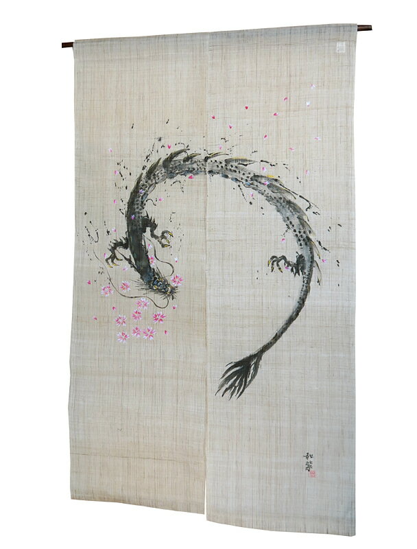 濡れ描き友禅碧 のれん：龍と舞い上がる桜（円相) / 受注制作 / W約88×H150cm　/　和風モダン暖簾