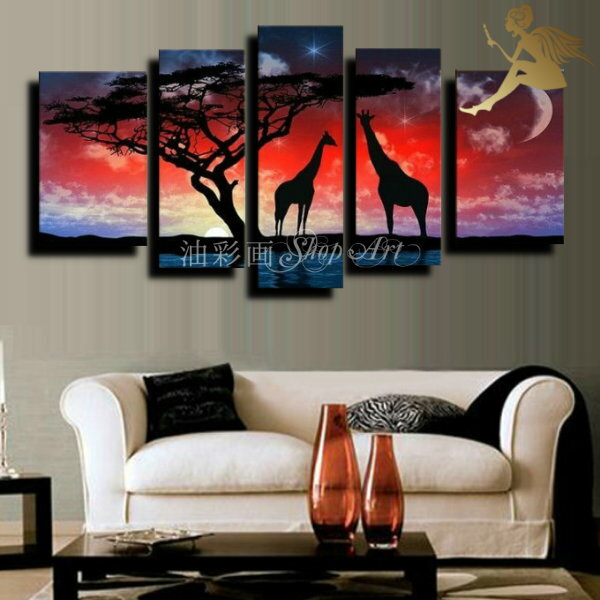 【絵画】【手書き】【壁掛け】【油絵】【絵】【動物画】絵画 インテリア【送料無料】『モダン インテリア アートパネル』『5パネルSET 2匹のキリン 1389』壁...