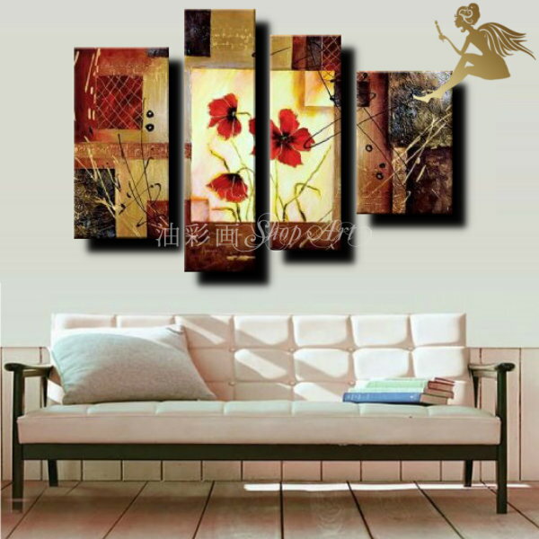 【絵画】【壁掛け】【手書き】【油絵】【フラワー】【絵】モダン インテリア【送料無料】アートパネル アートボード『4パネルSET 赤い花 ブラウン 1697』【キ...