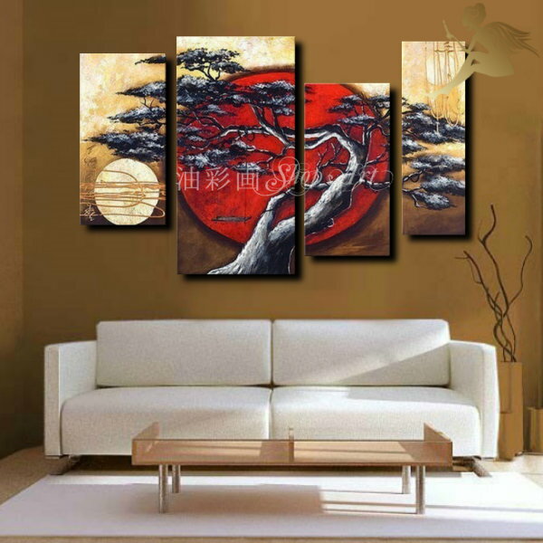 【絵画 油絵】【手書き】【壁掛け】【風景画】【日本画風】インテリア【送料無料】モダン アートパネル【油彩画 和風】【おしゃれ 和モダン】『4パネルSET 大木 ...