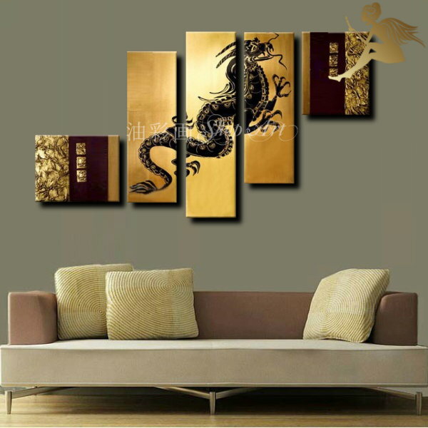 【絵画】【手書き】【壁掛け】【油絵】【抽象画】【絵】アート インテリア【送料無料】モダン おしゃれ アートパネル『5パネルSET 黄金ののぼり龍 1766』キャ...