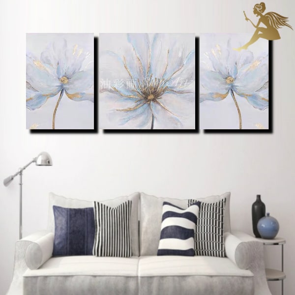 アートパネル 花【送料無料】絵画 壁掛け インテリア 絵手書き 油彩画 油絵 風景画モダン アートボード『3パネルSET 3つの水色の花 1794』飾るだけで簡...