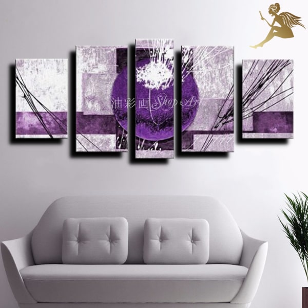 手書きの油彩画 油絵 壁掛け絵画 インテリア【送料無料】モダン アートパネル アートボード『5パネルSET 紫の球 1808』【おしゃれ 壁掛け インテリア】『モノトーン 抽象画』