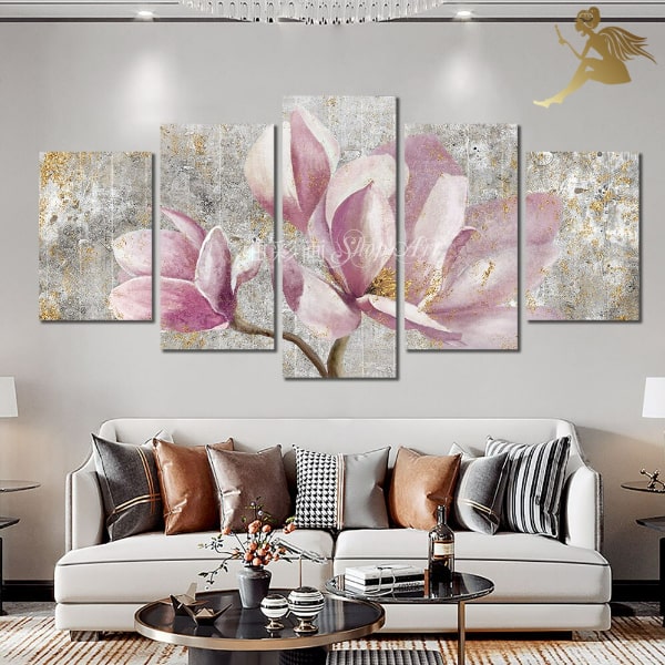手書きの油彩画 壁掛け 手書き絵画 油絵 風景画 自然画インテリアボード 【送料無料】モダン アートパネル 花『5パネルSET 大きな薄ピンクのフラワー 181...