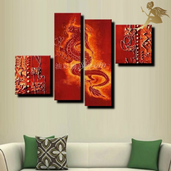 油絵 抽象画【手塗】絵画 インテリア【送料無料】モダン 【手書きの油彩画】インテリア アートパネル『4パネルSET レッドドラゴン 1857』ウォールアート 壁掛けアート龍 かっこいい