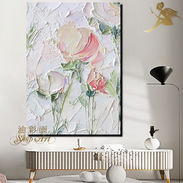 【手書きの油彩画】絵画 壁掛け インテリアアートパネル 絵【送料無料】手書き アートボード 油絵『特大1パネル チューリップローズ ホワイトピンク 5185』【...