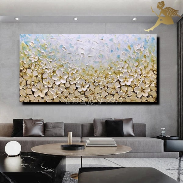 【絵画】【手書きの油彩画】【壁掛け】【油絵】【風景画】【絵】おしゃれインテリア【送料無料】モダン アートパネル『特大1パネル 青空と沢山のホワイトフラワー 5268L』アートボード 壁飾り【木枠付き キャンバスアート】