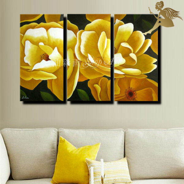 【絵画/壁掛け/手書き/油絵/風景画】絵画 インテリア 【送料無料】『モダン インテリア アートパネル』『3パネルSET 黄色い花と緑の葉っぱ W0082』【ア...