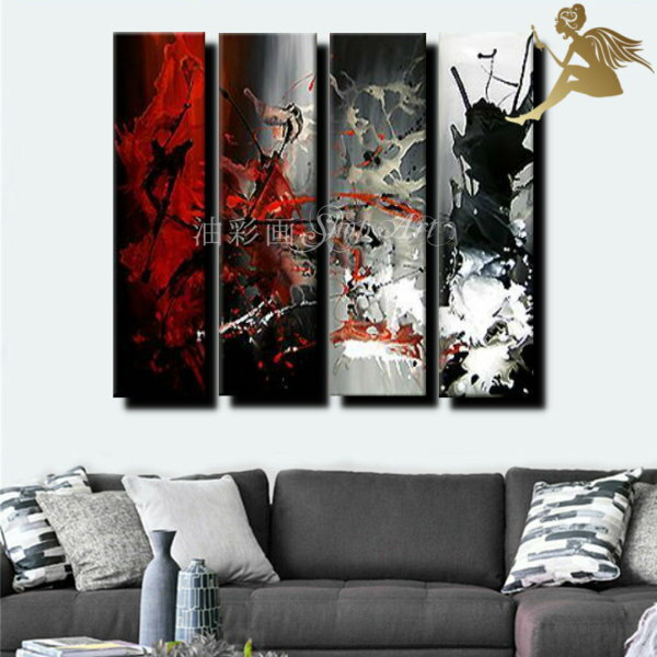 【絵画】【手書き】【壁掛け】【油絵】【抽象画】【絵】絵画 インテリア【送料無料】『モダン　インテリア　アートパネル』『4パネルSET　赤黒白のアート W0350』油絵　絵　抽象画【おしゃれ　壁掛けアート】『アートパネル　モノトーン』