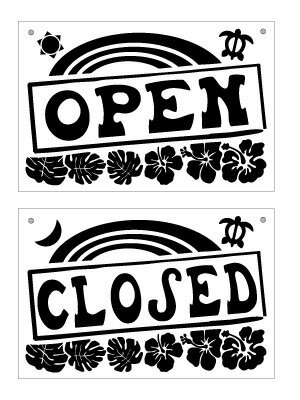 【オープンクローズ両面パネル看板・サイズ：幅約30×高約20cm・ハワイアンタッチ ホヌ・モンステラ・ハイビスカス・虹 OPEN CLOSED】ハンドメイド 英語看板 ショップ用 オープン看板