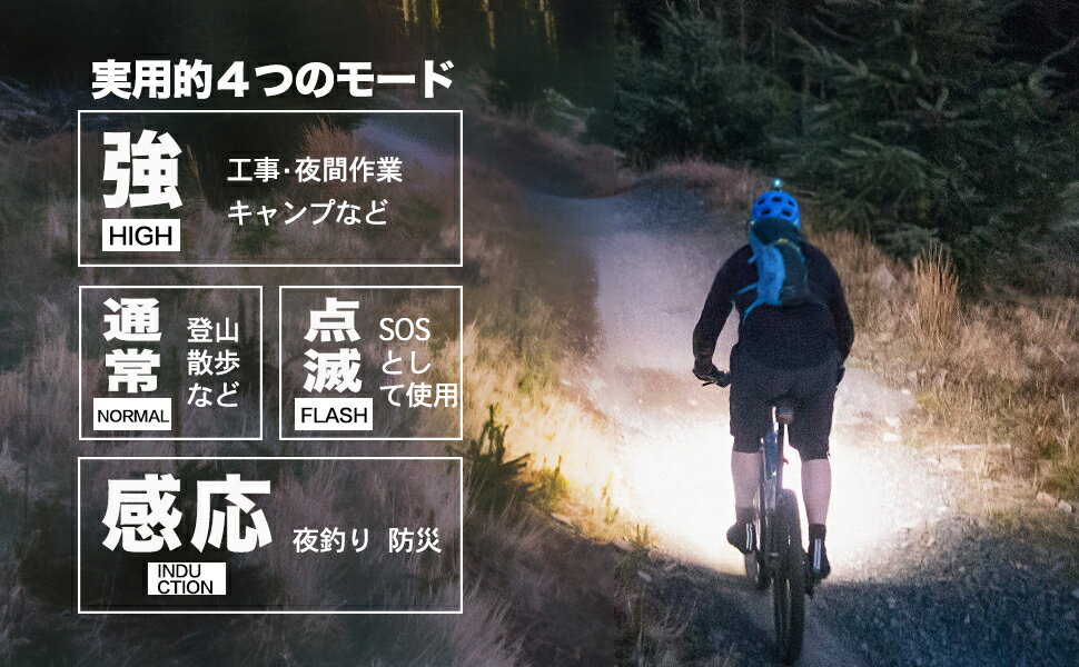 ヘッドライトLED充電式LEDヘッドランプ高輝度防水ヘッドライト感センサー機能付き4段階の点灯モード登山夜釣りアウトドア作業