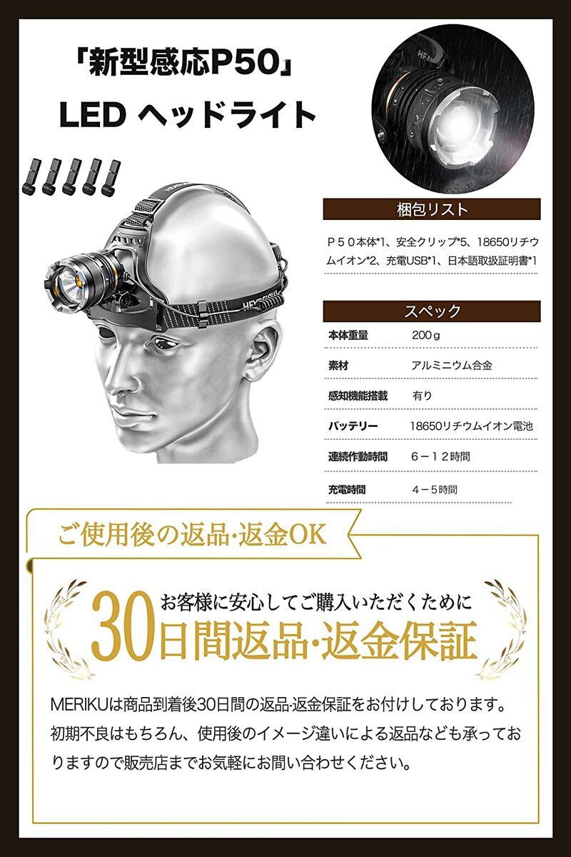 ヘッドライトLED充電式LEDヘッドランプ高輝度防水ヘッドライト感センサー機能付き4段階の点灯モード登山夜釣りアウトドア作業