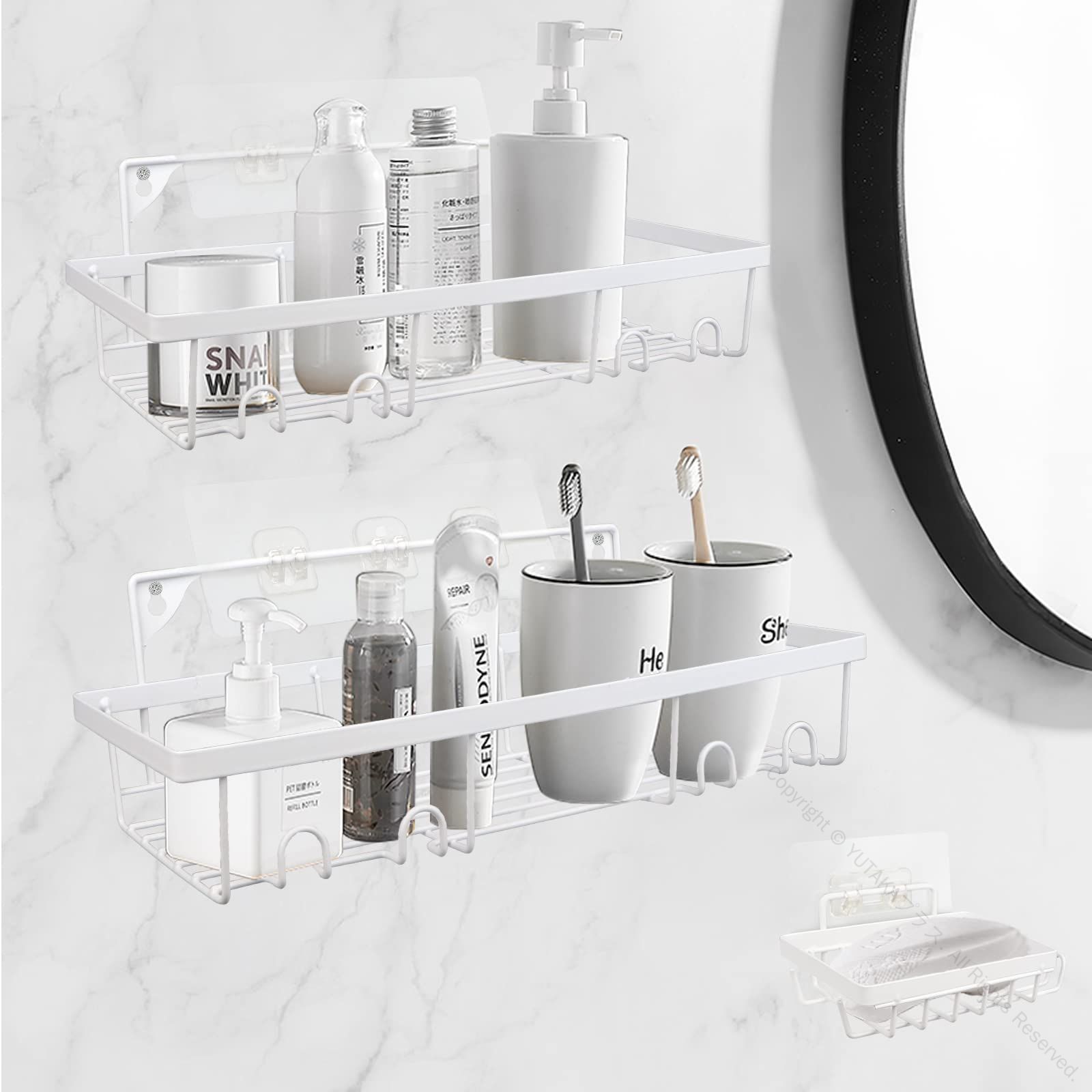シャンプーラック お風呂ラック 洗面所収納ラック 浴室ラック吸盤 ステンレス製壁掛け式浴室ラック 強力吸着フック付き2段多機能物置棚 白色仕様