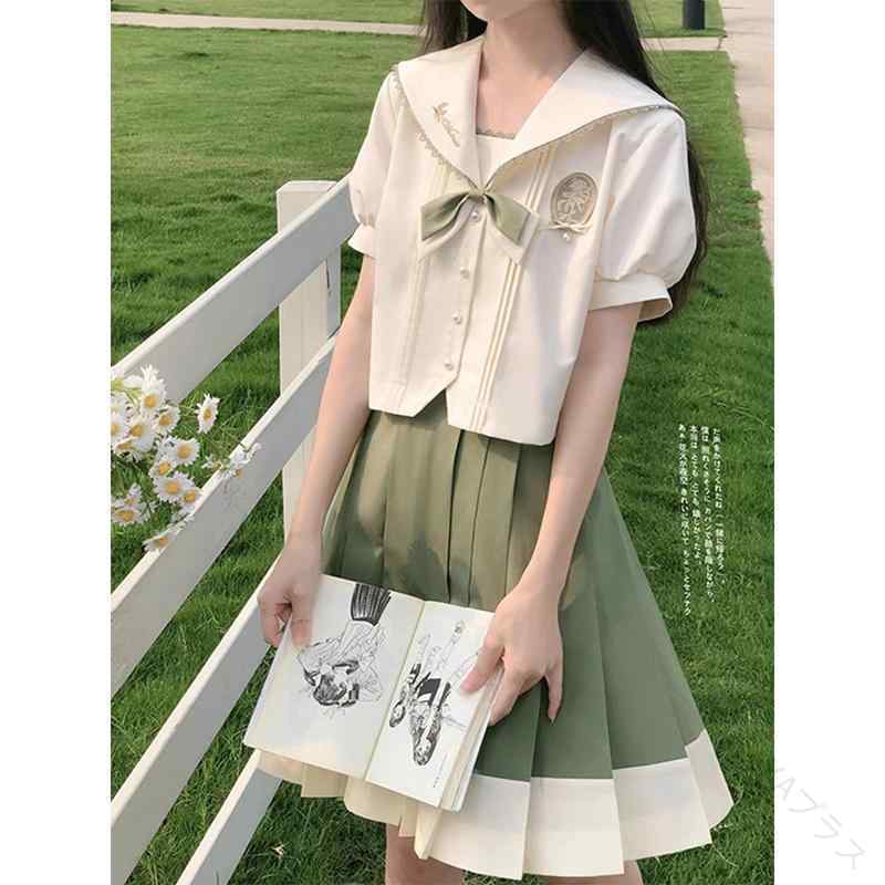 レディースファッションおしゃれ普段使いカレッジJK制服セーラー服爽やか優しいグリーンネイビーカラー..