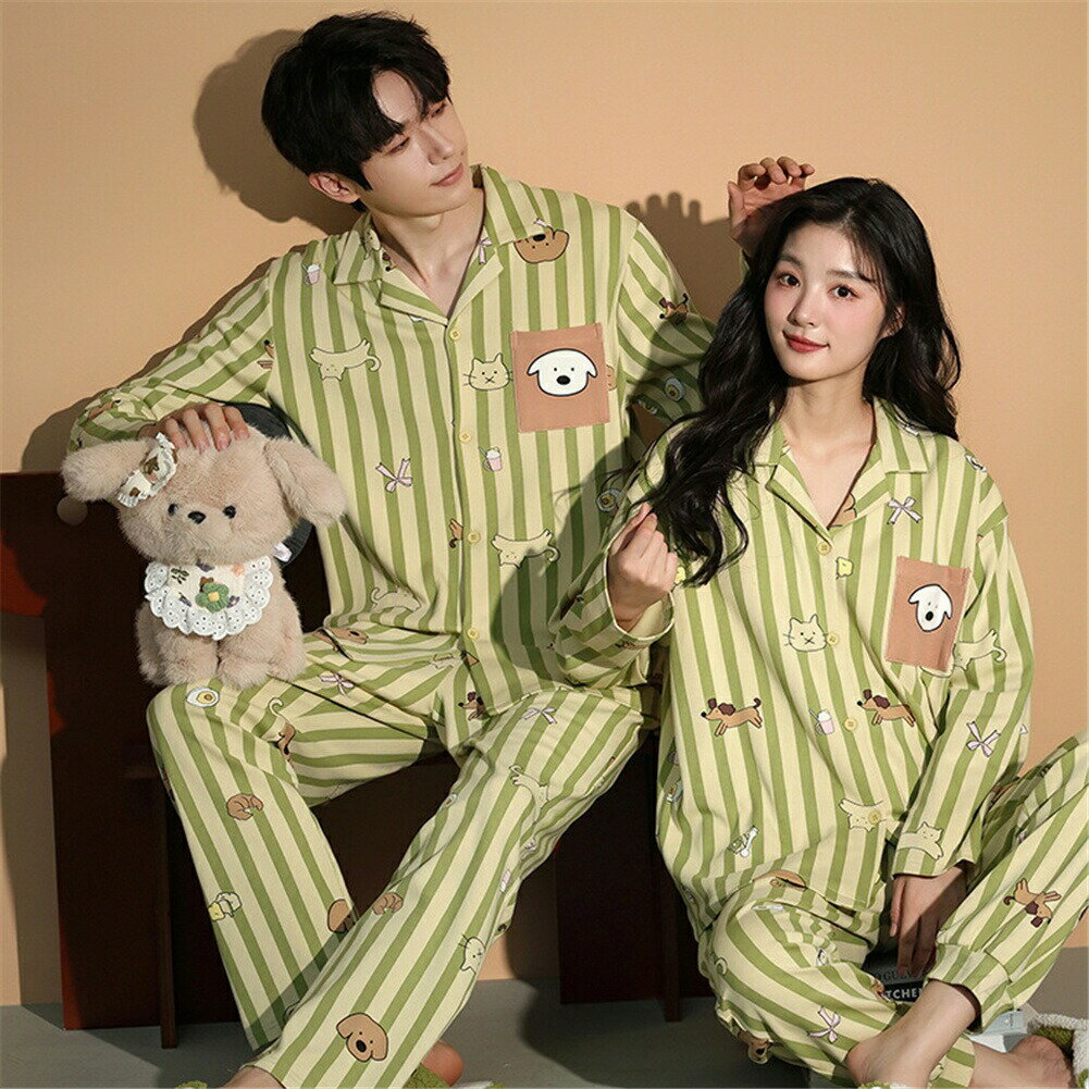 結婚祝い プレゼント カップル 上下 長袖 男女2着 セット ペア パジャマ 秋冬用 犬柄 可愛い 前開き ス..