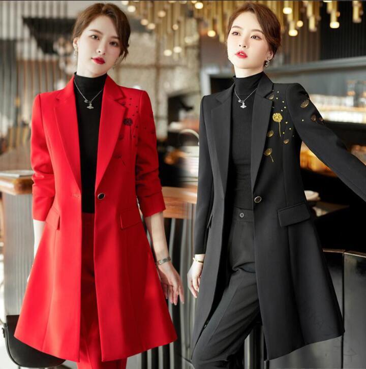 トレンチコート ミドル丈 ロング スーツ レディース 長袖 テーラードジャケット ブレザー 花柄刺繍 スーツコート ビジネススーツ オフィス 通勤OL フォーマ...