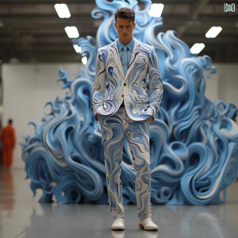 メンズ スーツ セットアップ グラフィック プリント 青 光沢 シングル ボタン 衣装 春秋 クラブ パーテ..