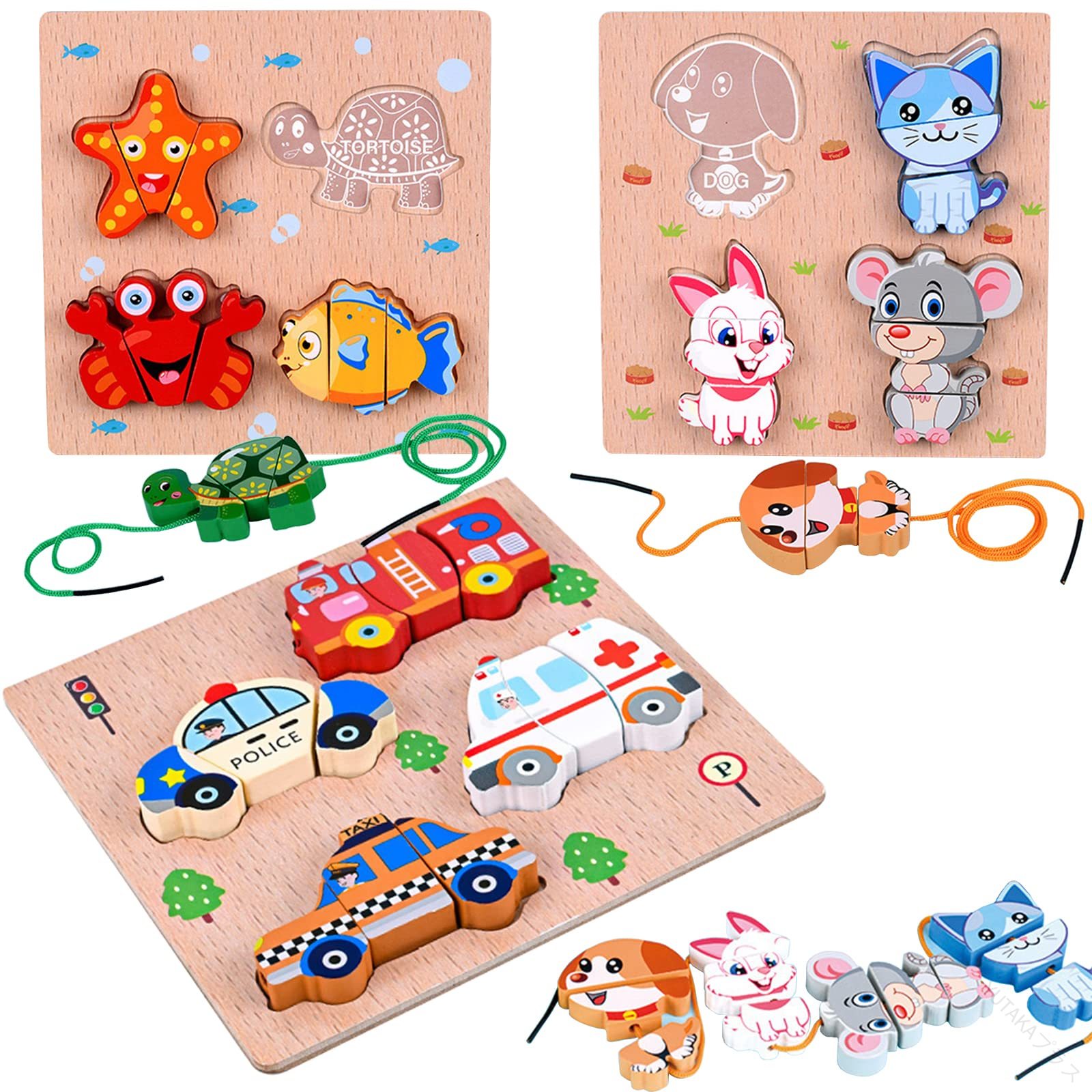 木製 紐通し ひもとおし おもちゃ 赤ちゃん 紐 モンテッソーリ 玩具 セット木製パズル 木製型はめパズル ひも通しおもちゃ 3種類 形合わせ 脳トレ 知育玩具 子供用 モンテッソーリ教育法 動物 水族館 乗り物 下絵あり 積み木 クリスマス プレゼント 3板セット 6歳以上 知育効(3)