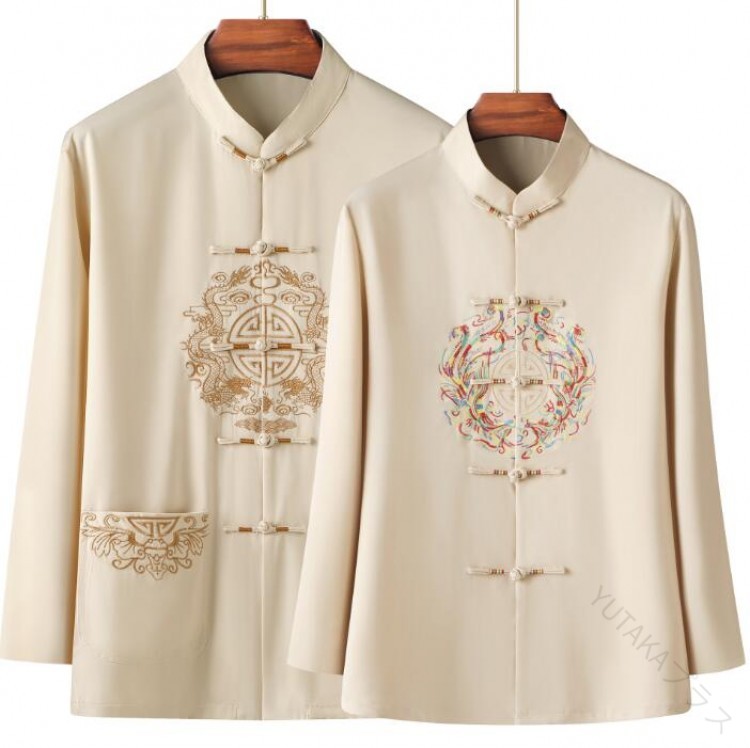 メンズ レディース チャイナ風コート カップルペア 龍柄 長袖ジャケット 立て襟 太極拳ウエア 唐装 漢服 カーディガン カンフー服 武術服 4色 春秋スポーツ...