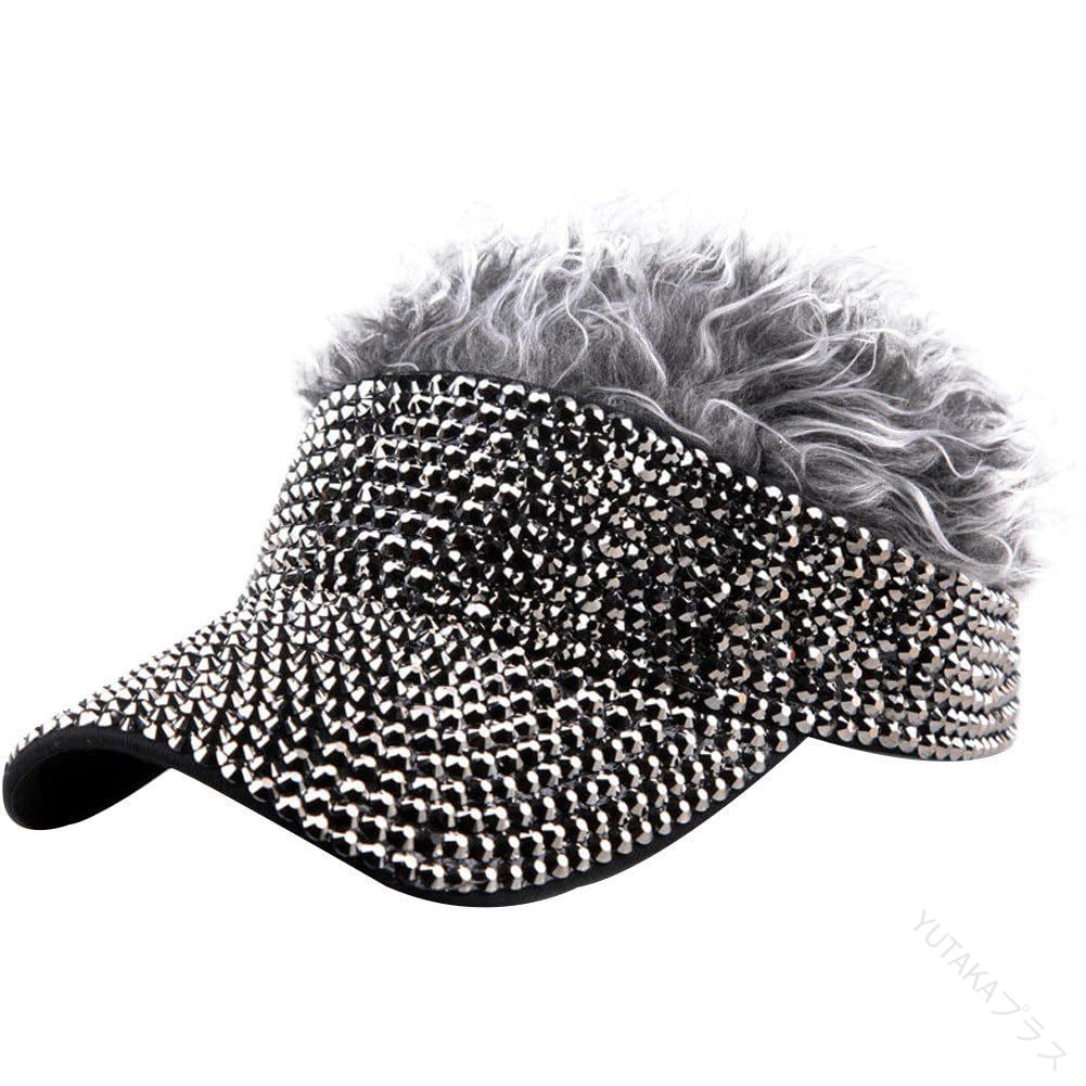 ヘアハット サンバイザー ハット かつら ラインストーン付き スパイク ゴルフバイザー 調節可能 サンバ..