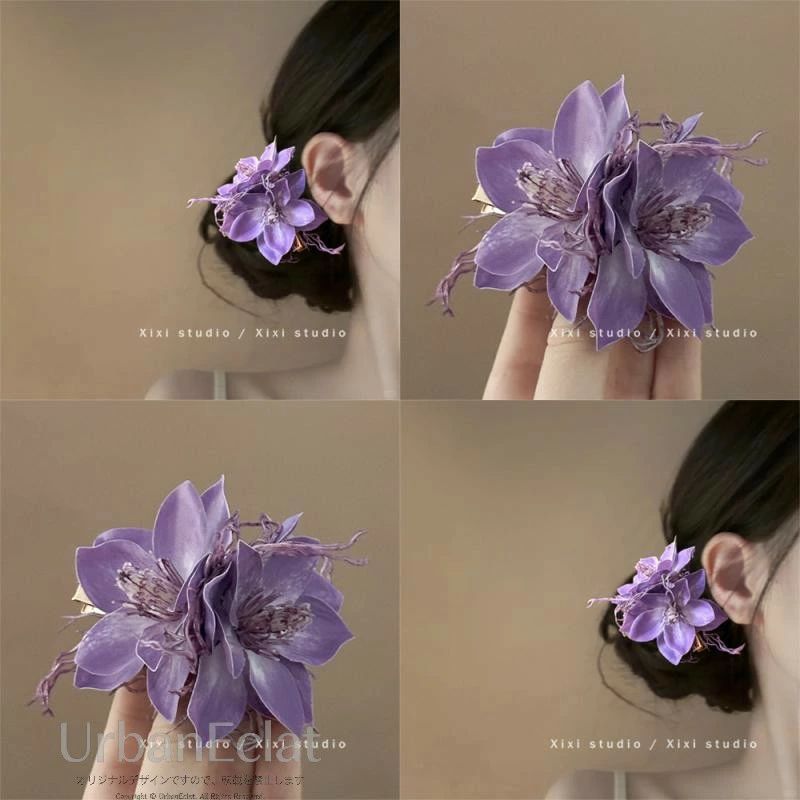ヘアクリップ 紫 パープル 藤 藤の花 フラワー くちばしクリップ 幻想的 エレガント 優雅 華やか 古風 レトロ 上品 髪飾り ヘアアクセサリー