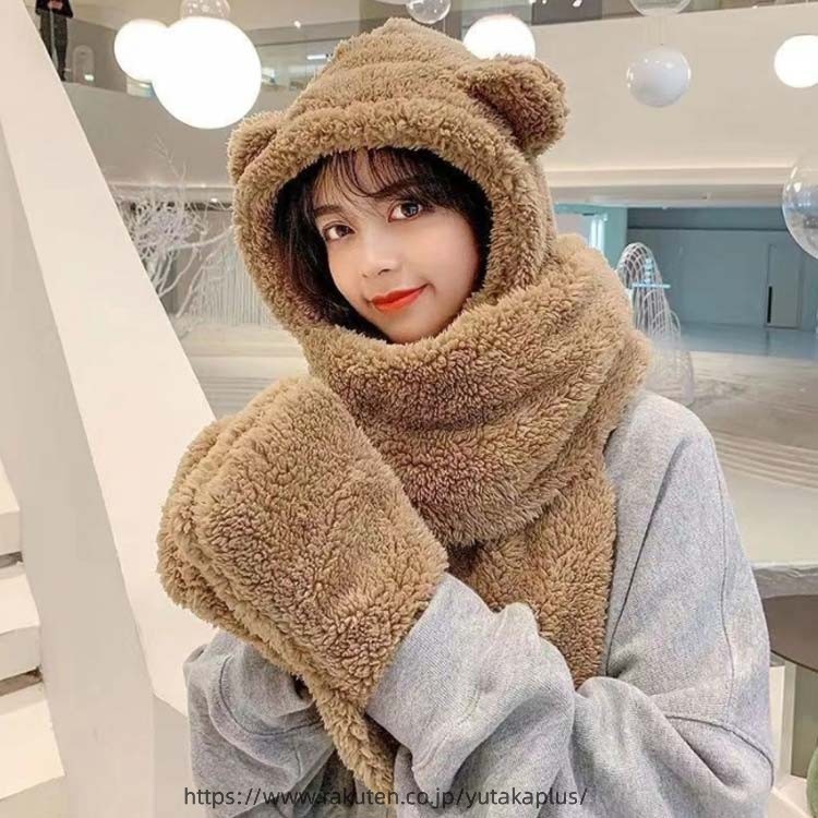フード付きマフラー ボア帽子 ネックウォーマー レディース 一体型 くま 耳付き も...