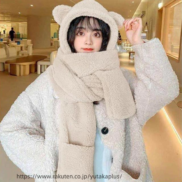 フード付きマフラー ボア帽子 ネックウォーマー レディース 一体型 くま 耳付き も...