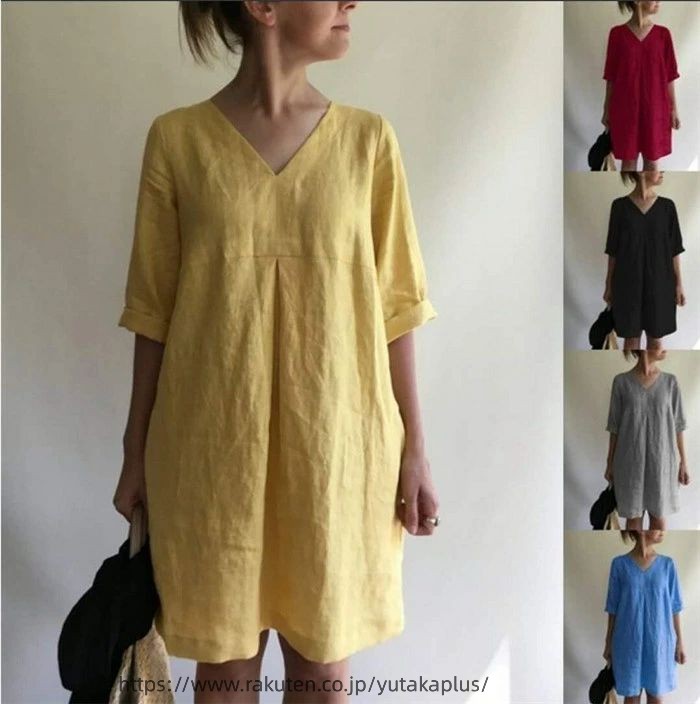 Rakuten - チュニック ワンピース チュニックワンピース ワンピ ブラウス レディース 夏 ロング丈 トップス シャツ tシャツ 綿麻 コットンリネン Vネック 無地 半袖 大きいサイズ ゆったり カジュアル 部屋着 ゆるシャツ プルオーバー 体型カバー