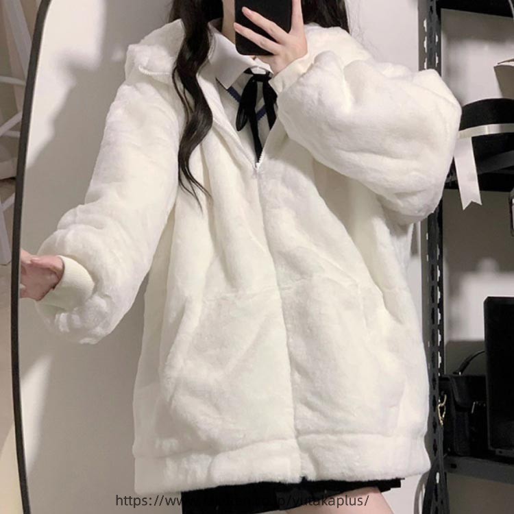 Rakuten - レディース ロング丈 大きいサイズ 白 ファーコート ショート丈 ダッフルコート ボアジャケット もこもこ かわいい ホワイト ゆったり 通学 中学生 高校生 女子 JK アウター 防寒 学生