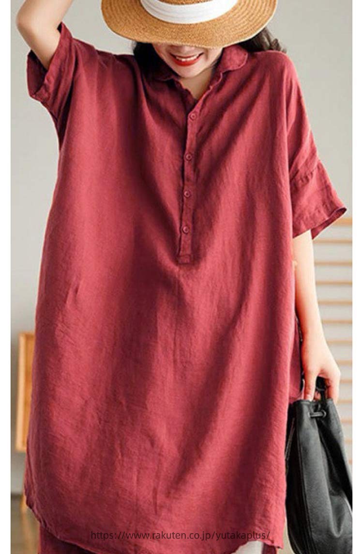 YUTAKAプラスのチュニック ロングシャツ 半袖 ロング シャツ 綿麻 シャツブラウス レディース 5分袖 ブラウス ロング丈 無地 ゆったり トップス 綿麻 体型カバー シャツワンピ ポケット付け 春 無地 大きいサイズ 前開け リネン シンプル カジュアル風｜アングル3