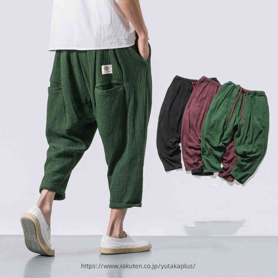 リネンパンツ メンズ 麻 サルエルパンツ 袴パンツ ワイドパンツ イージーパンツ リネン YAA 夏 サルエルパンツ 2021