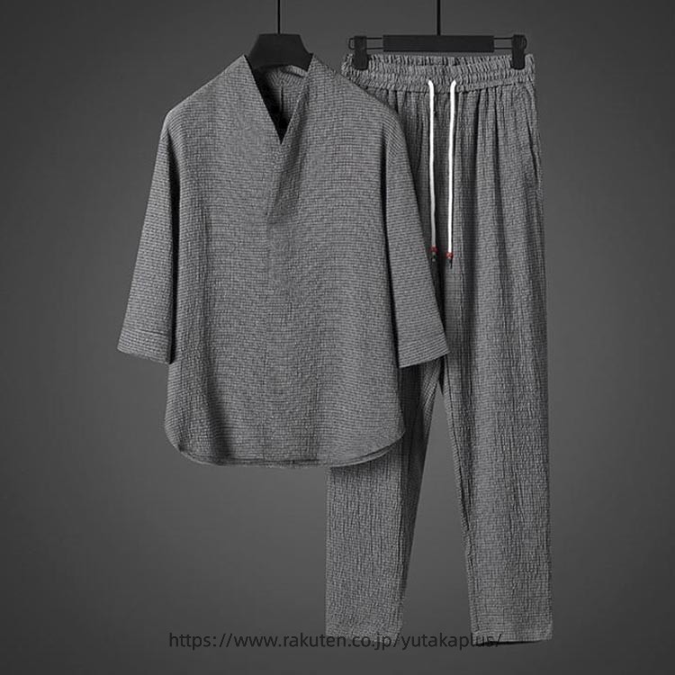 YUTAKAプラスのセットアップ メンズ 和風 接触冷感 アイスシルクセット ジャージ Vネック 襟付き 長襦袢 Tシャツ 半襦袢 着物 下着 作務衣 上下セット ロングパンツ tシャツ 涼しい 春夏 吸汗速乾 部屋着 ルームウェア｜アングル3