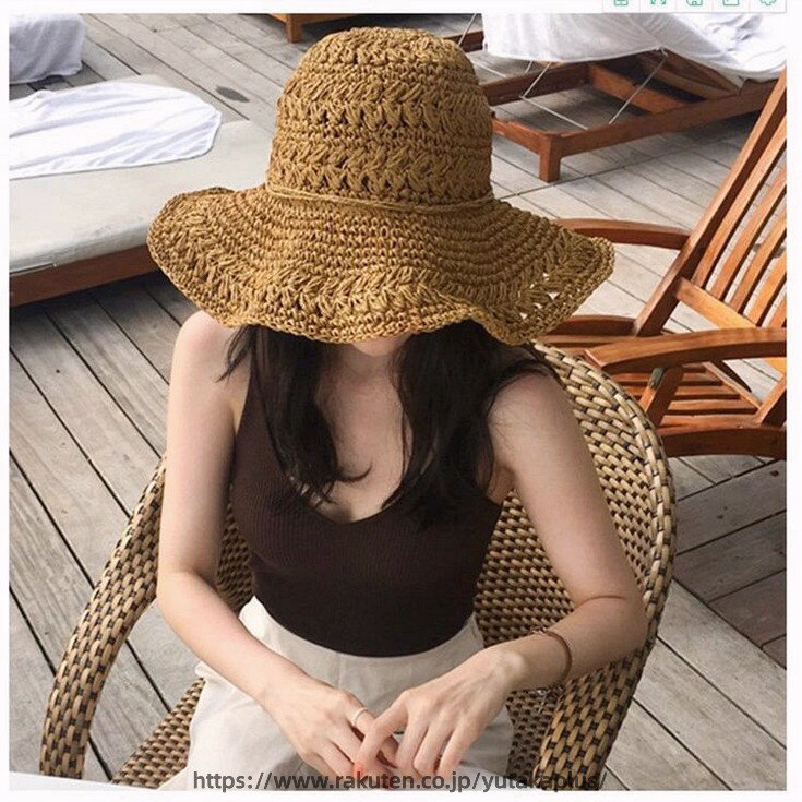 Rakuten - 夏のビーチ用レディース麦わら帽子、海辺で使えるつば広サンハット、手編みの中空編み麦わら帽子、文学的で爽やかなサンハット、アウトドア用折りたたみサンハット、レディース用つば広サンハット、手編みのホリデー用麦わら帽子、中空デザインのビーチハット