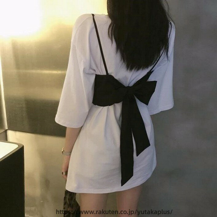 Rakuten - 【2点セット】半袖Tシャツ＋リボンビスチェ ルーズ Tシャツ レディース ミドル丈 コットン 韓国 オルチャン a2948