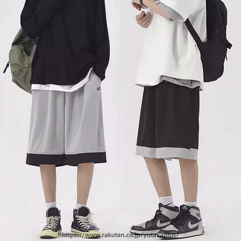 五分丈パンツ クロップドパンツ バスケットパンツ ショートパンツ ハーフパンツ メンズ ボトムス ズボン ウェストゴム メッシュ 速乾 涼感 通気 ドレープ ルームウェア 夏 バスケパンツ スポーツ トレーニング フィットネス 切り替 黒 グレー