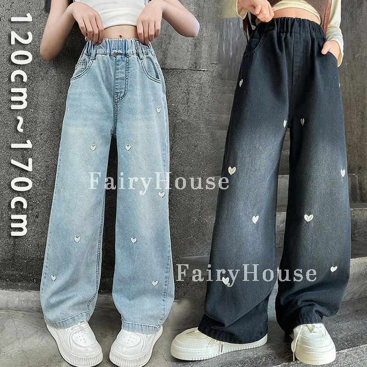 ワイドデニムパンツ 女の子 ガールズ ジュニア 普通 小学生 キッズ 韓国風 カジュアル 通学 ゆったり パンツ 動きやすい 春 秋
